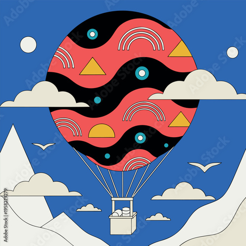 Flat vector illustration of colorful hot air balloon flying in the sky with clouds,