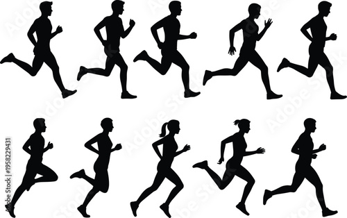 Silhouette collection of diverse male and female runners in motion, showcasing dynamic athletic stride variations for sports, fitness, training, and animation projects