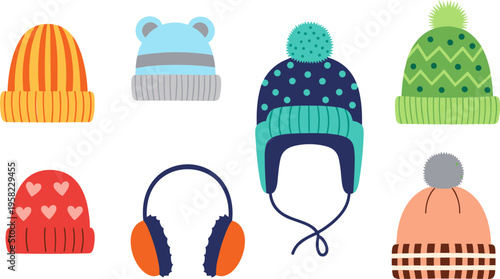 Winter Hat and Earmuffs Collection Set with Knitted Beanies Pom Pom Caps and Cozy Cold Weather Accessories in Cute Colorful Cartoon Style