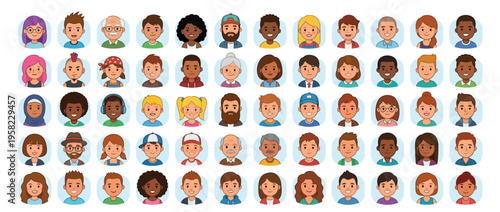Diverse cartoon faces of people.