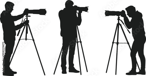 Silhouette collection of photographers using tripod cameras with telephoto lenses, capturing wildlife, sports, and nature scenes for professional, artistic, and instructional design