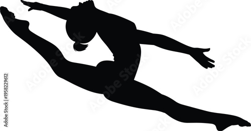 Silhouette of dancer performing dramatic leap in mid‑air, flexible athletic pose, artistic motion, isolated black vector icon illustration on white background