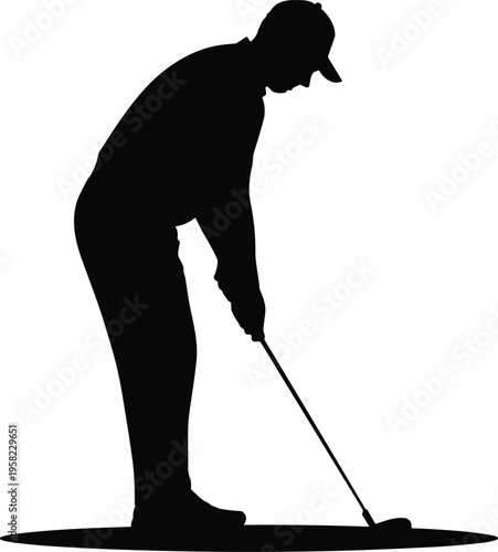 Silhouette of golfer preparing to putt on green, showcasing focused posture, precision, and concentration for sports, training, lifestyle, and design projects