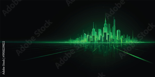 Digital technology illustration featuring a blue and green pulse waveform over an abstract dark city background with medical ECG frequency lines and audio equalizer graphs