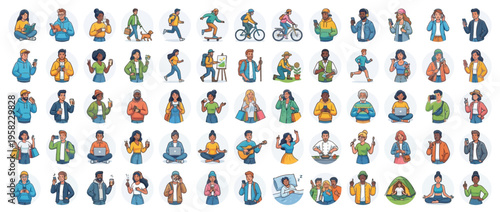 Diverse people illustrations in various activities.