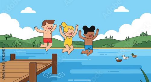 Three diverse kids jumping into lake from wooden dock vector illustration