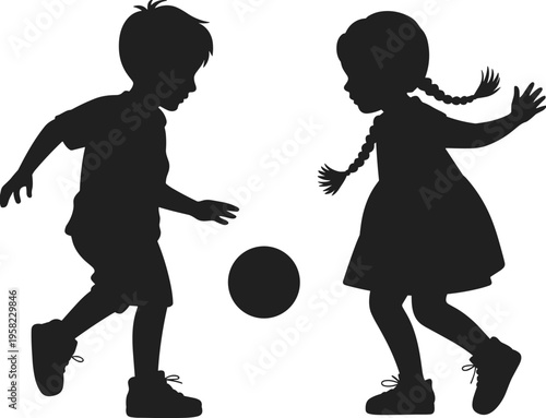Silhouette of two children playing with ball, representing childhood fun, friendship, motion, and playful interaction for lifestyle, design, and creative projects
