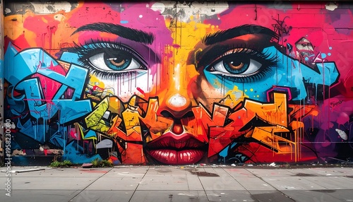 Vibrant Graffiti Mural of a Womans Face with Bold Colors and Urban Art Style.