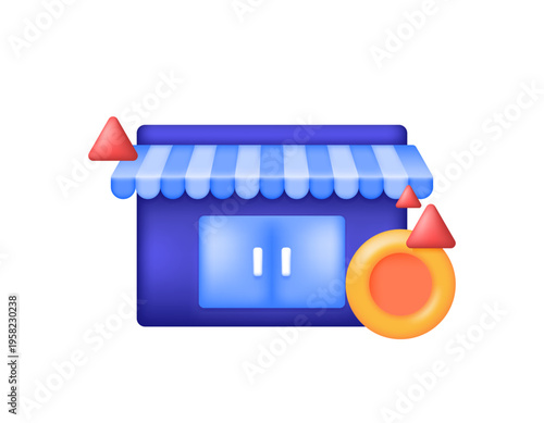 3d style illustration of a shop with coins and an upward arrow. The concept of rising market, increasing business finances, increasing profits. Business profits. Economy. Symbol, sign, element. 3d