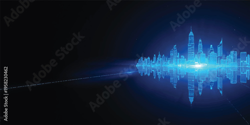 A futuristic blue abstract background featuring a digital wave equalizer and medical ECG line pattern to illustrate a high-tech data display for internet business and healthcare technology concepts