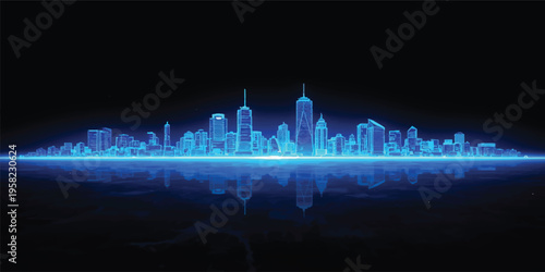 A vibrant vector illustration of an urban city skyline at night featuring a glowing fountain and illuminated skyscrapers in the downtown business district