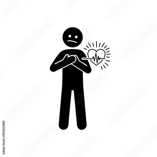 Stick figure person experiencing chest pain with heartbeat and electrocardiogram signal vector icon.