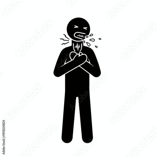 Stick figure man coughing with chest pain and respiratory symptoms vector icon.