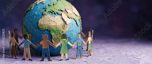 Paper People Holding Hands Around Recycled Earth Globe for Earth Day Celebration. Handmade Paper Globe with Diverse Figures Linked Together for an Eco-Friendly World.