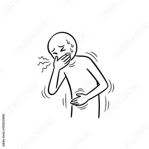 Stick figure man feeling nauseous with stomach ache and cold sweat outline vector illustration.