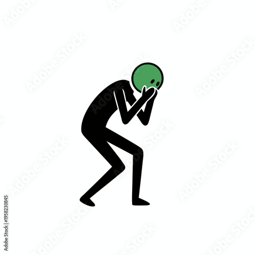 Stick figure person with green head feeling nauseous and about to vomit vector icon.