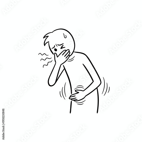 Stick figure man suffering from nausea and stomach ache covering mouth outline vector icon.
