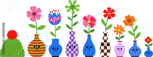 Cute Flower Vase Collection with Colorful Blossoms and Decorative Pots in Kawaii Cartoon Style for Home Decor Spring Garden and Floral Design