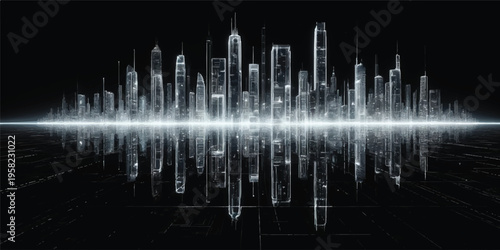 An abstract blue digital background featuring wave lines that blend technology and music elements into a stylized night city skyline equalizer illustration