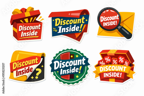 Discount inside concept stickers for retail promotions, special offers, hidden deals, and marketing campaigns