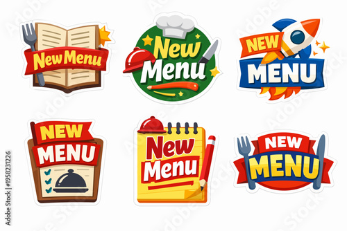 New menu sticker badges collection for restaurant kitchen update announcement and cafe food changes