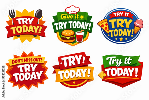 Food marketing badges featuring icons for burger, soda, pizza, ice cream, and cutlery, promoting a new menu item