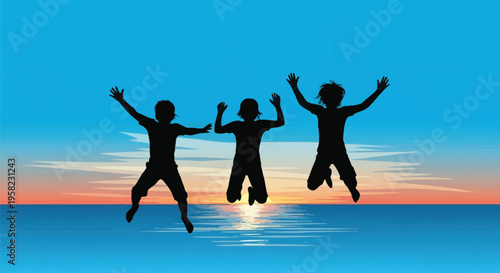 Silhouette people jumping, happy friends playing, sunset beach fun, joyful lifestyle