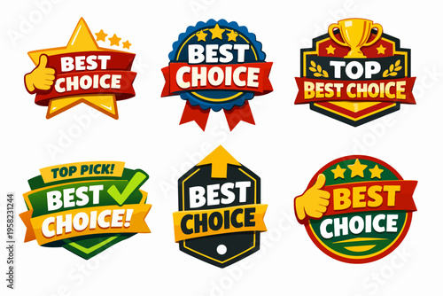 Best choice top pick badge collection displaying premium quality product recommendation labels with stars, thumbs up, and trophy