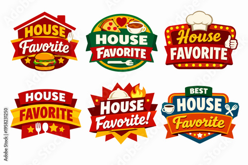 House favorite food badges set with restaurant, cafe, burger, pizza, chef hat, hot meal icons