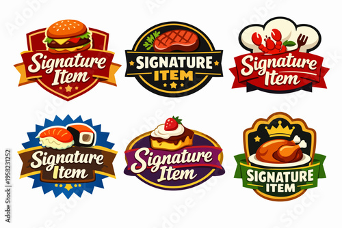 Signature item food badges collection representing main dishes for restaurant menu and promo labels