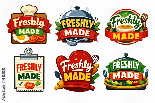 Freshly made food badges collection with cooking elements, emphasizing quality, organic ingredients, and kitchen readiness