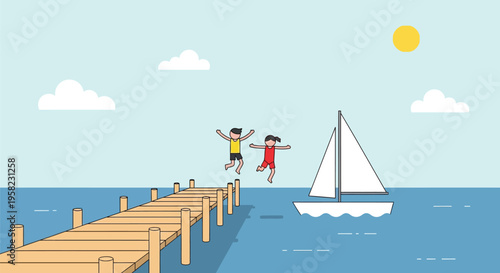 Vector illustration of happy children jumping off a dock with sailboat