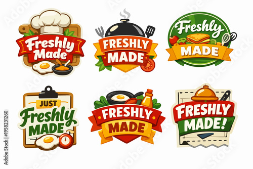 Freshly made food badges and label collection for culinary restaurants, cooking services, or healthy meal delivery