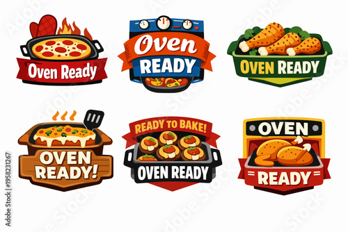 Oven ready and ready to bake food concept badges, cooking meal preparation labels, meal prep vector