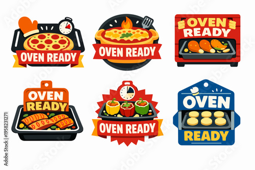 Oven ready meal labels set. Preparing pizza, chicken, salmon, stuffed peppers, and baked goods for cooking