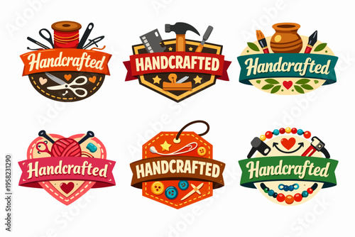 Handcrafted badges and emblems set for artisan workshops, diy crafts, sewing, woodworking, pottery, jewelry making