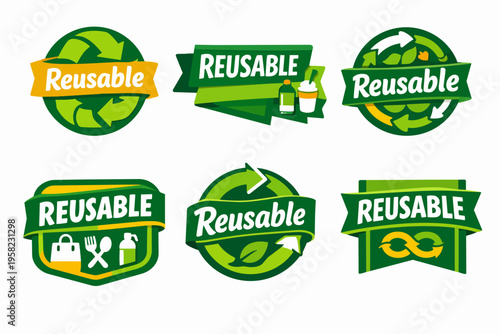 Reusable products and items labels collection. Green recycling and zero waste lifestyle concept badges