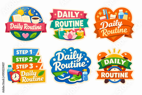 Daily routine stickers set for health and wellness, showcasing habits and activities for balanced lifestyle