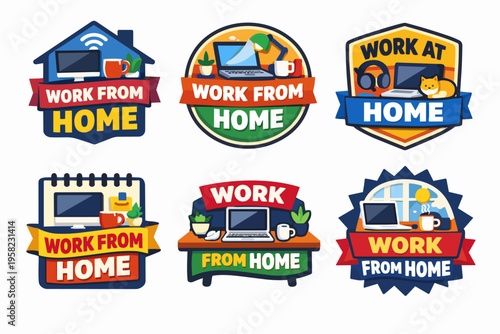 Work from home badges and stickers presenting remote job concepts with laptops, headphones, coffee, and home office elements