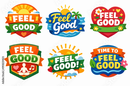 Collection of feel good stickers promoting mindfulness, happiness, summer vacation, and positive healthy lifestyle concepts