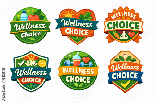 Wellness choice labels collection promoting healthy living, organic food, fitness, nutrition, and yoga lifestyle