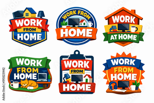 Work from home labels and remote office conceptual stickers showcasing freelance workspace and telecommuting lifestyle