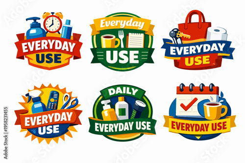 Everyday use badges displaying common items for daily routines and household activities with labels