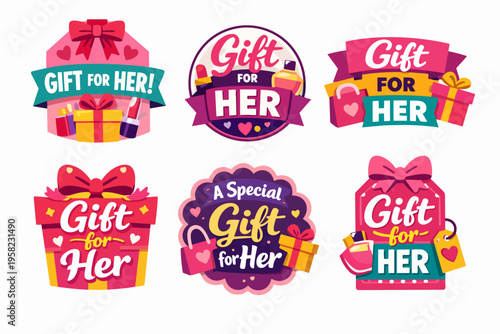 Gift for her labels collection. Celebrating women, shopping for presents, special occasion, marketing badges