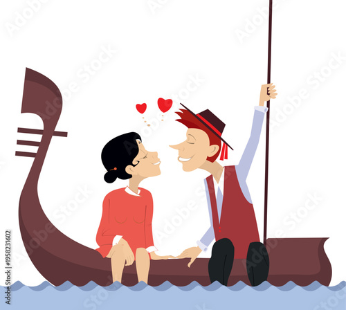 Kissing young gondolier and his girlfriend sitting in gondola