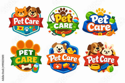 Pet care services logo collection with cartoon animals and supplies for veterinary clinics or pet shops