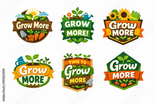 Grow more gardening labels collection promoting organic food, plant care, and sustainable agriculture concepts