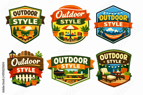 Outdoor lifestyle concept emblems set. Icons presenting various leisure activities like camping, picnic, and backyard relaxation