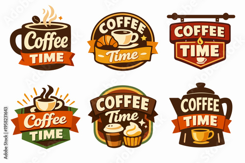 Collection of coffee time concept logos, badges, and emblems, ideal for cafe branding, menu design, and advertising
