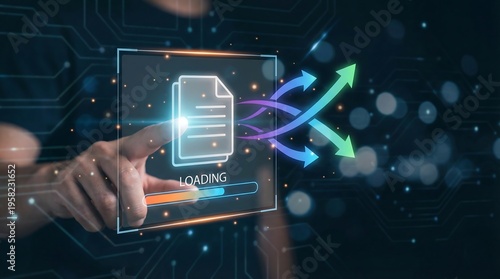 A human hand points at a glowing file icon with a loading bar, diverging arrows symbolizing multi-directional data distribution across a network.